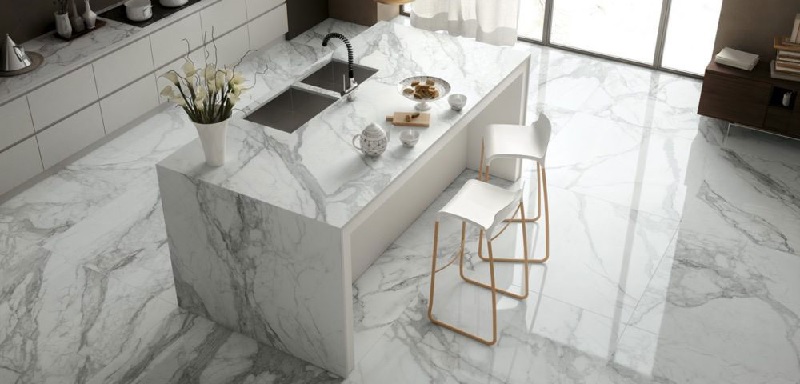 Đá Marble được sử dụng để làm bàn đảo bếp, sàn nhà